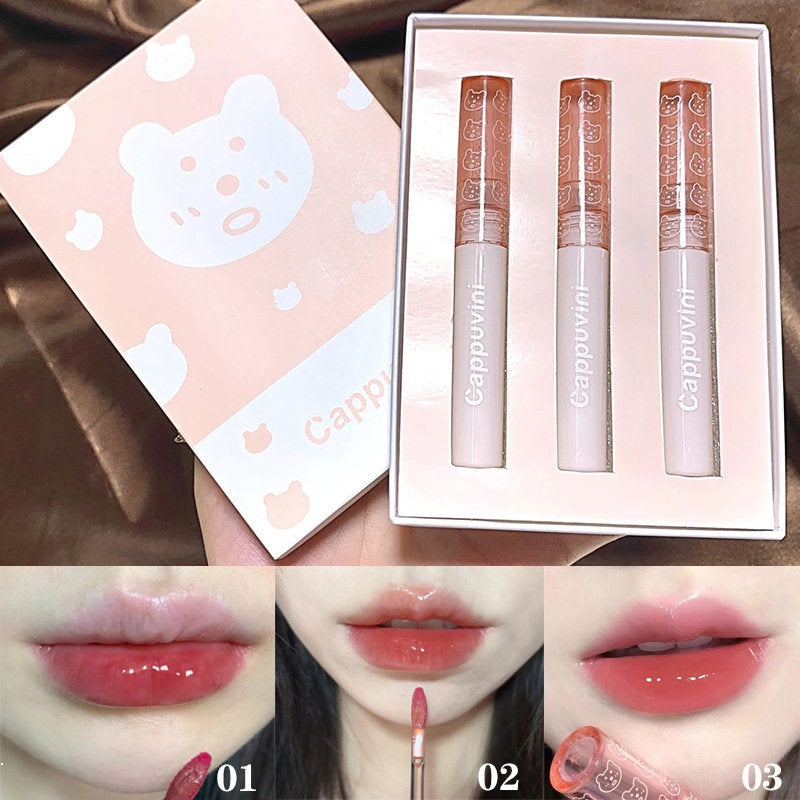 Cappuvini Cute Bear Bubble Lip Gloss Set Mirror Surface Moisturize Waterproof Lip Glaze 3pcs