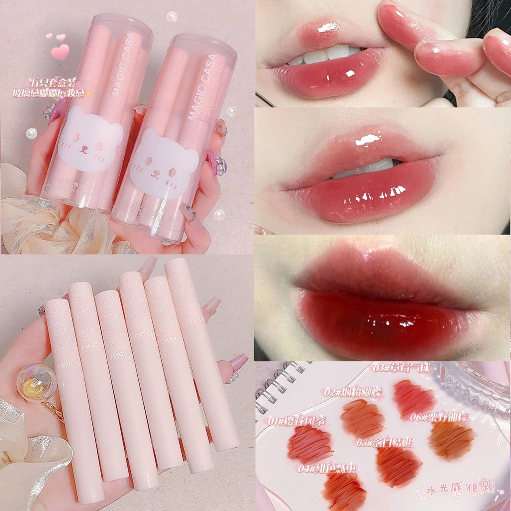 MAGIC CASA Cute Bubble Bear Mirror Surface Lip Glaze Transparent Moisturizing Lasting Not Easy To Fade Lip Gloss 6pcs