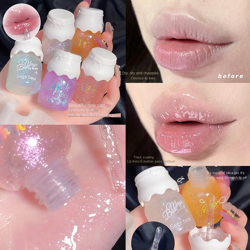 Gege Bear Bow Tie Small Round Tube Lip Gloss The Milky Way Fine Flash Shiny Moisturizing Lip Balm Lip Oil