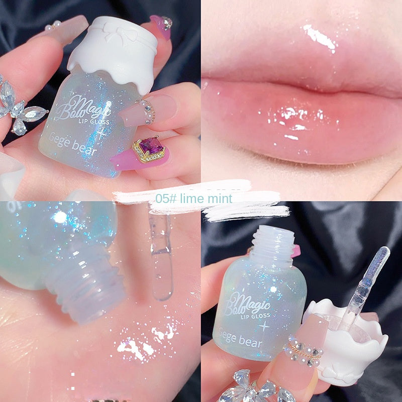 Gege Bear Bow Tie Small Round Tube Lip Gloss The Milky Way Fine Flash Shiny Moisturizing Lip Balm Lip Oil