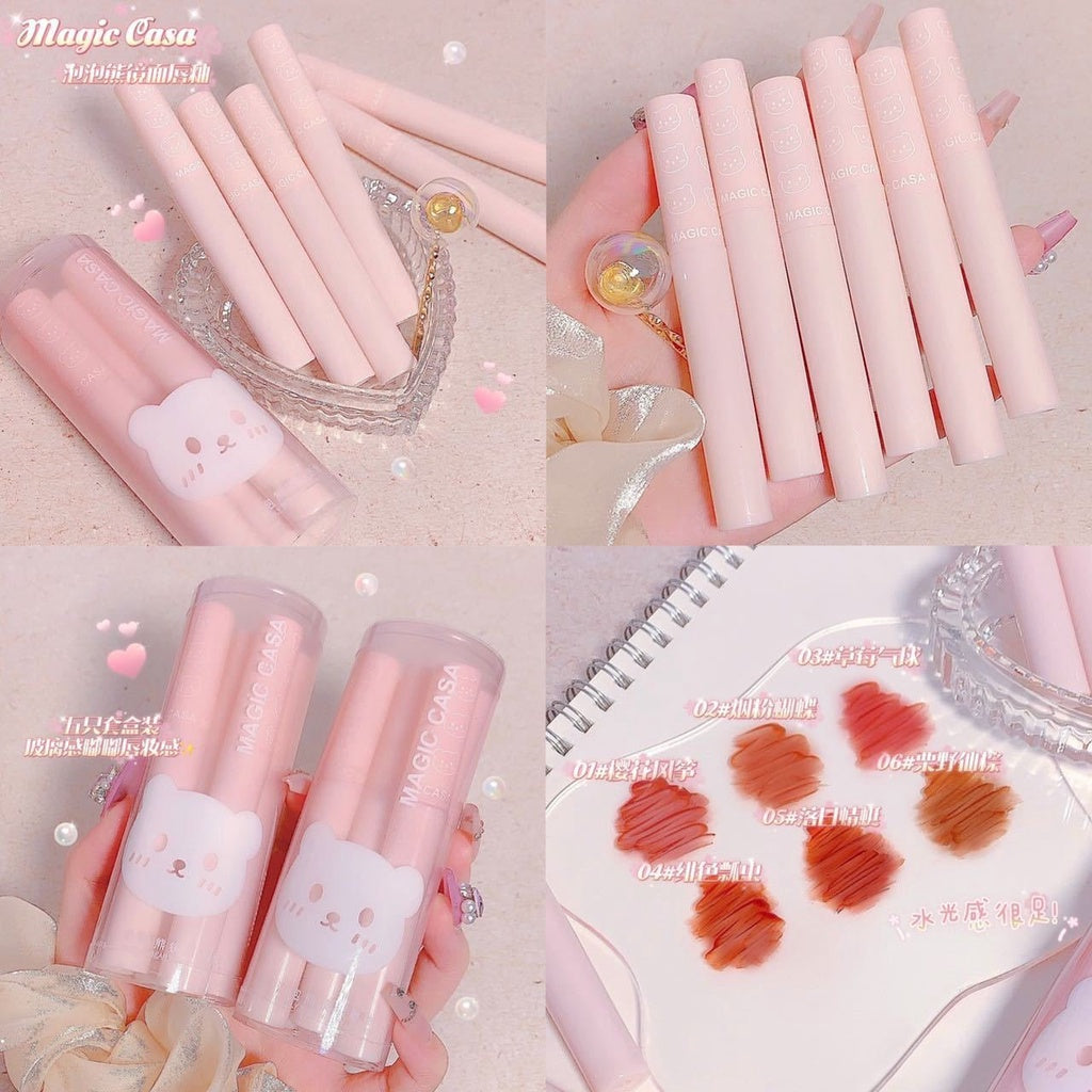 MAGIC CASA Cute Bubble Bear Mirror Surface Lip Glaze Transparent Moisturizing Lasting Not Easy To Fade Lip Gloss 6pcs