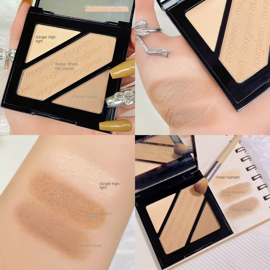 MUGE LEEN Tricolor Highlight Contouring Nose Shadow Matte Contouring Powder Comprehensive Disk Lasting