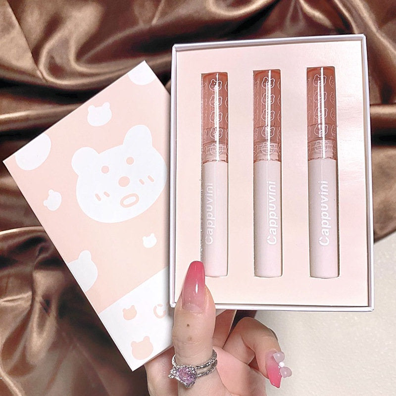 Cappuvini Cute Bear Bubble Lip Gloss Set Mirror Surface Moisturize Waterproof Lip Glaze 3pcs