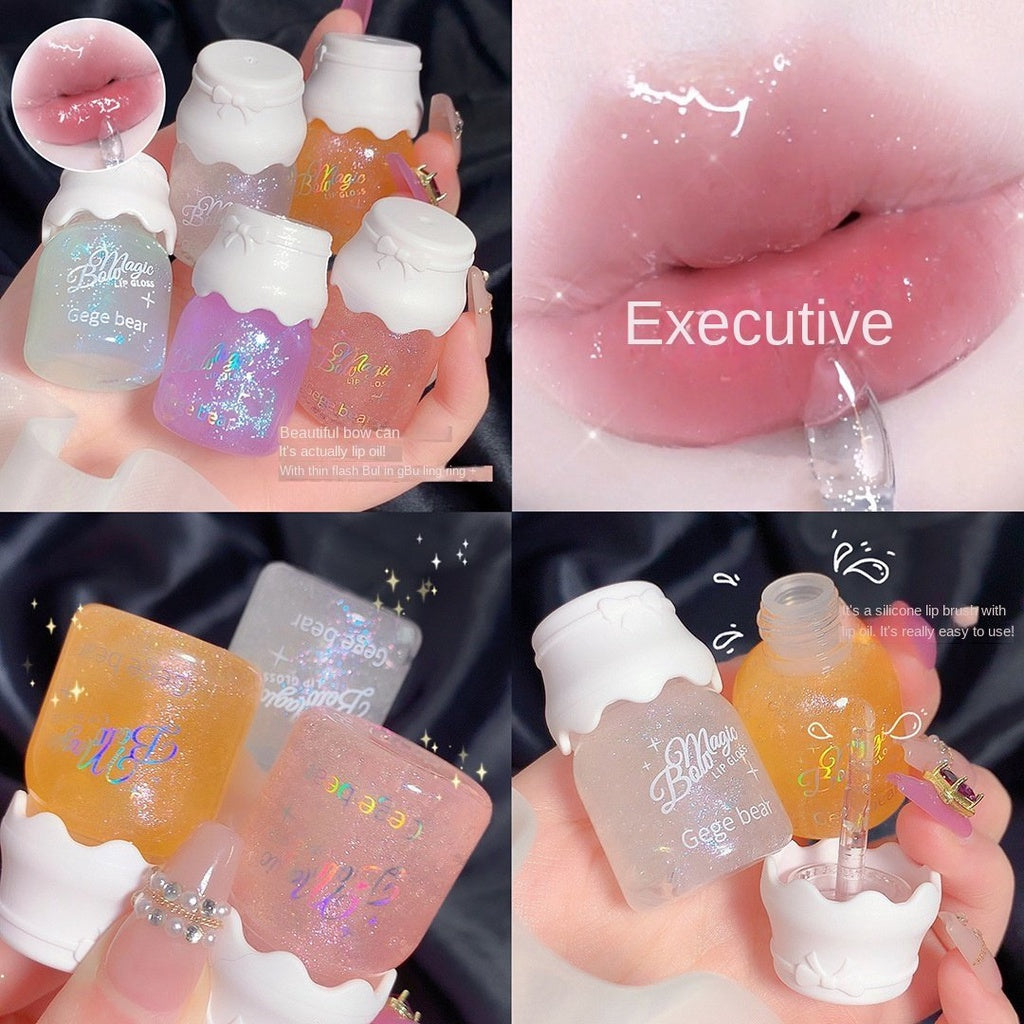 Gege Bear Bow Tie Small Round Tube Lip Gloss The Milky Way Fine Flash Shiny Moisturizing Lip Balm Lip Oil