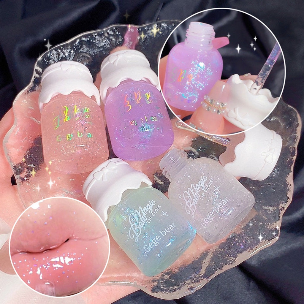 Gege Bear Bow Tie Small Round Tube Lip Gloss The Milky Way Fine Flash Shiny Moisturizing Lip Balm Lip Oil