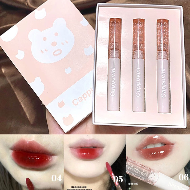 Cappuvini Cute Bear Bubble Lip Gloss Set Mirror Surface Moisturize Waterproof Lip Glaze 3pcs