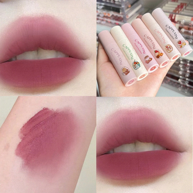 Cappuvini Pink Round Tube Lipstick Velor Matte Lip Glaze Honey Peach Lip Gloss