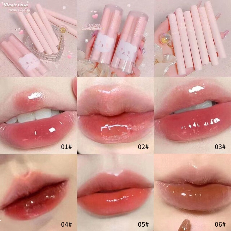 MAGIC CASA Cute Bubble Bear Mirror Surface Lip Glaze Transparent Moisturizing Lasting Not Easy To Fade Lip Gloss 6pcs