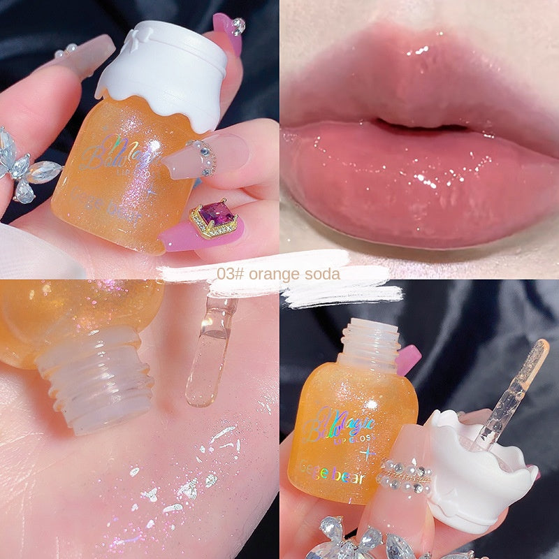 Gege Bear Bow Tie Small Round Tube Lip Gloss The Milky Way Fine Flash Shiny Moisturizing Lip Balm Lip Oil