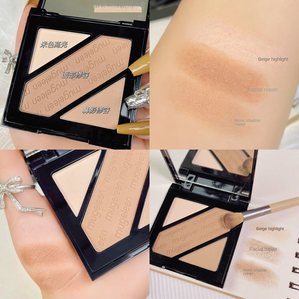 MUGE LEEN Tricolor Highlight Contouring Nose Shadow Matte Contouring Powder Comprehensive Disk Lasting