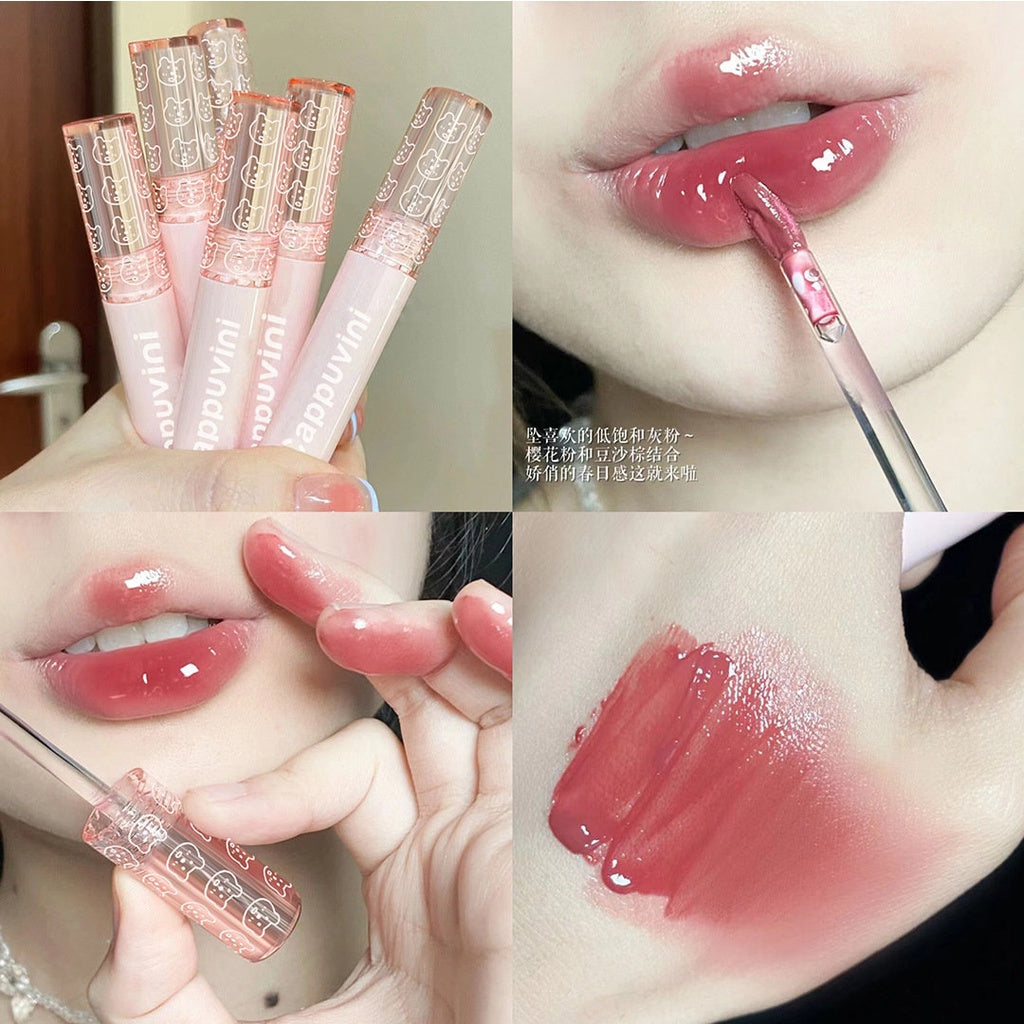 Cappuvini Cute Bear Bubble Lip Gloss Set Mirror Surface Moisturize Waterproof Lip Glaze 3pcs