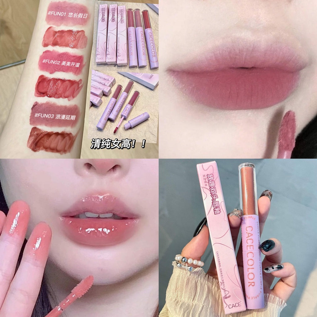 CACE New Arrivals Double Head Lip Glaze Autumn and Winter Color System Taro Purple Matte Lip Gloss Waterproof Lipstick