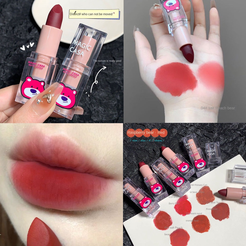 MAGIC CASA Strawberry Bear Lipstick Matte Velvet Lip Gloss Waterproof Not Easy To Fade Lasting