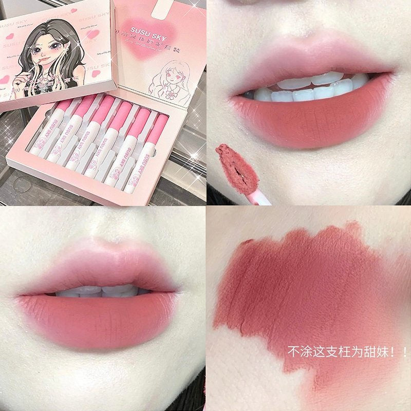 Cute Lip Gloss Set Matte Velvet Lipstick Waterproof Not Easy To Fade Lip Gloss 6-colors