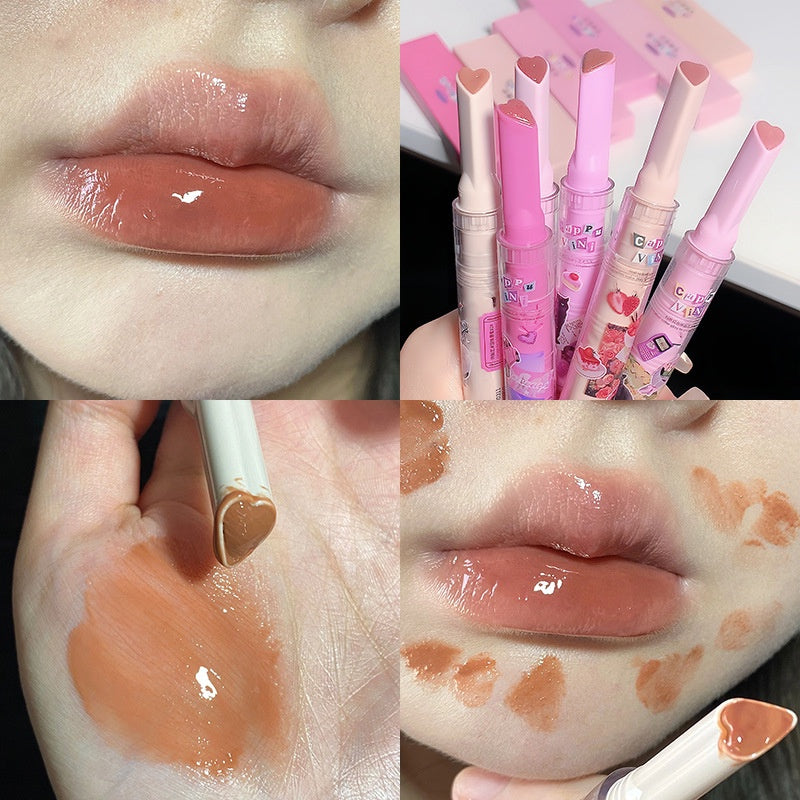 CAPPUVINI Heart Lipstick Milk Tea Color Watermelon Color Mirror Surface Lightening Lip Lines Moisturizing Moisturize Water Proof Lip Gloss