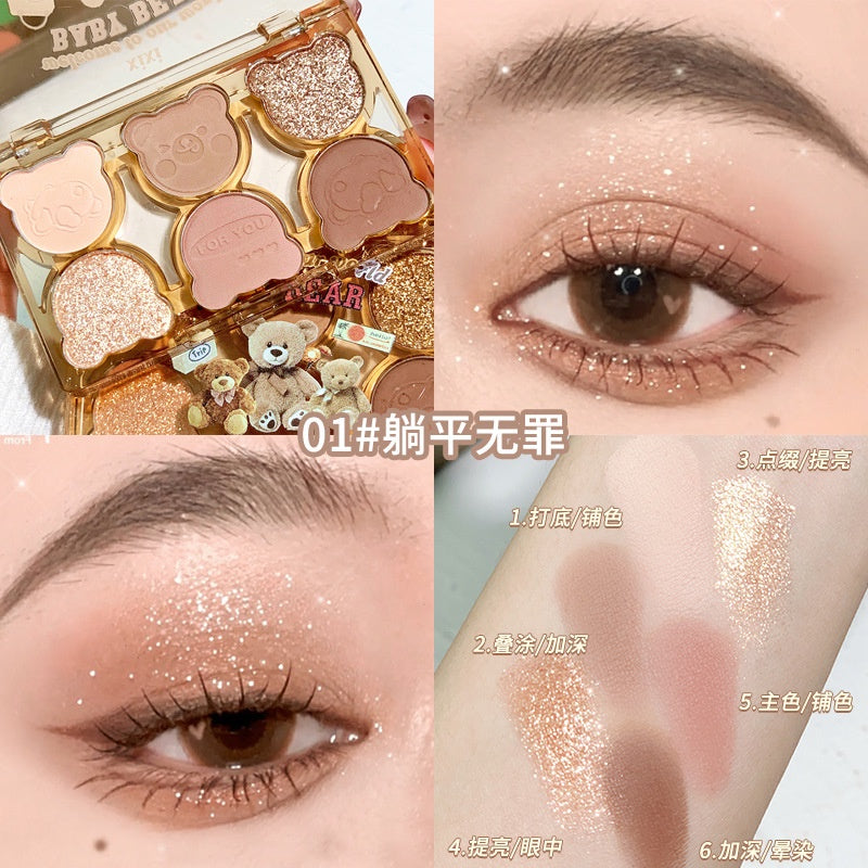 Xixi Cute Little Bear Eye Shadow Matte Pearlescent Water Proof Lasting Blue Purple Dazzling Eye Makeup Six -color Eye Shadow Plate