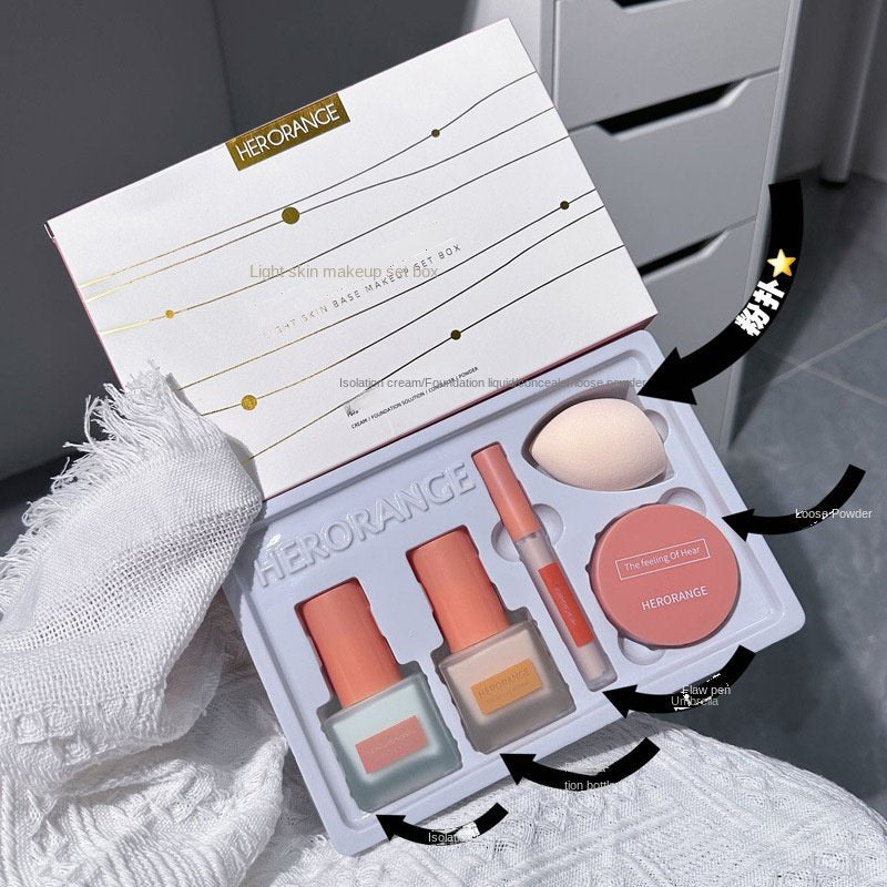 HERORANGE Liquid Foundation Isolation Concealer Makeup Primer Makeup Setting Powder Powder Puff Moisturize Water Proof Lasting Gift Box