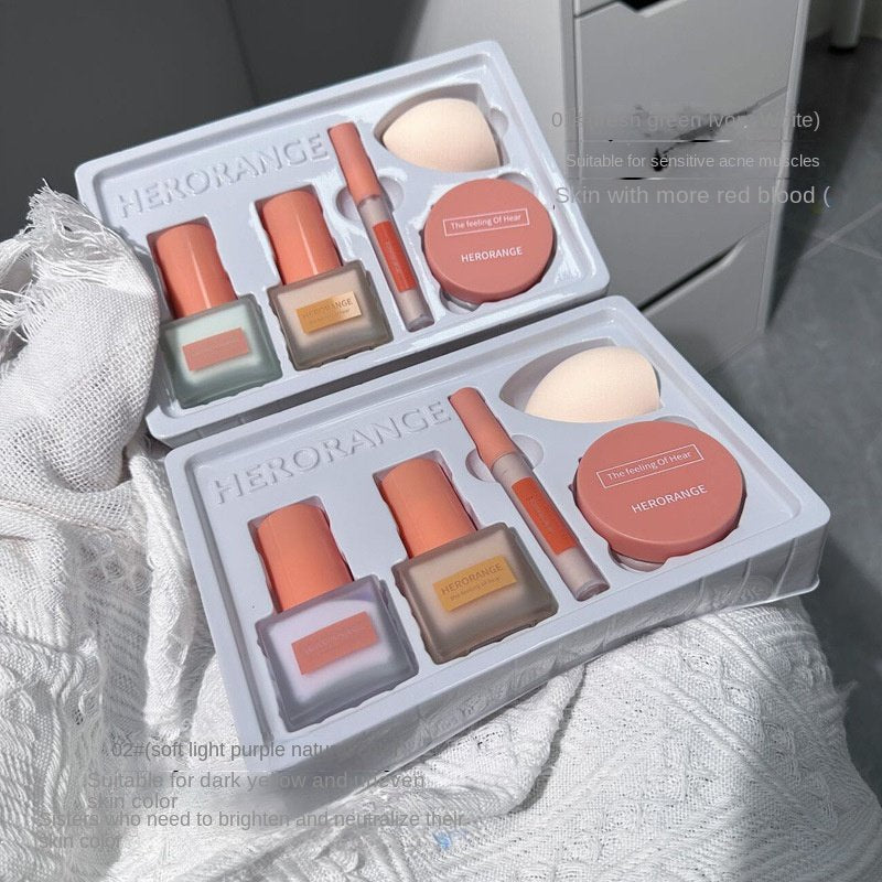 HERORANGE Liquid Foundation Isolation Concealer Makeup Primer Makeup Setting Powder Powder Puff Moisturize Water Proof Lasting Gift Box