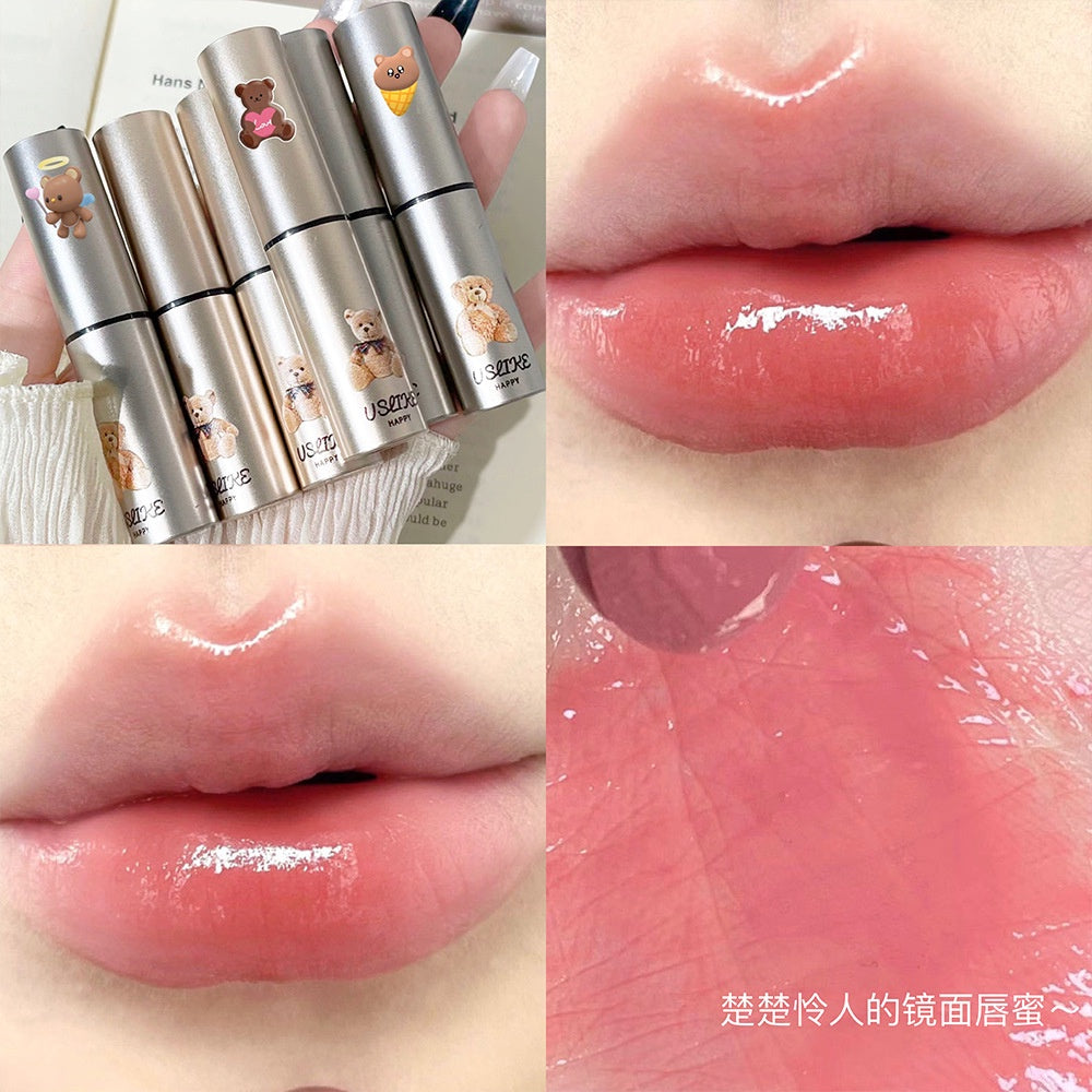 Uslike Cute Little Bear Lip Gloss Moisturize Moisturizing Mirror Surface Water Proof Lipstick