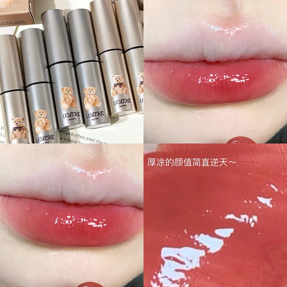 Uslike Cute Little Bear Lip Gloss Moisturize Moisturizing Mirror Surface Water Proof Lipstick