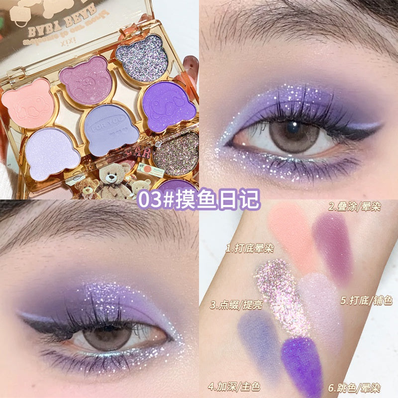 Xixi Cute Little Bear Eye Shadow Matte Pearlescent Water Proof Lasting Blue Purple Dazzling Eye Makeup Six -color Eye Shadow Plate