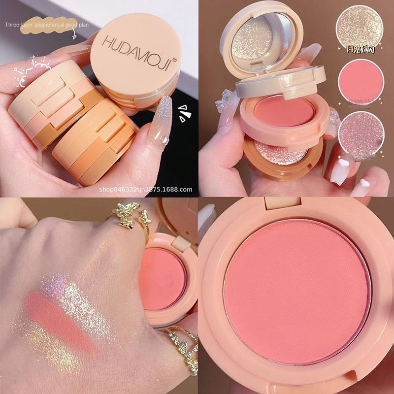 HUDAMOJI Blush Highlight Eye Shadow Matte Pearl Water Proof Not Easy To Fade Lasting Three -layer Blusher Makeup