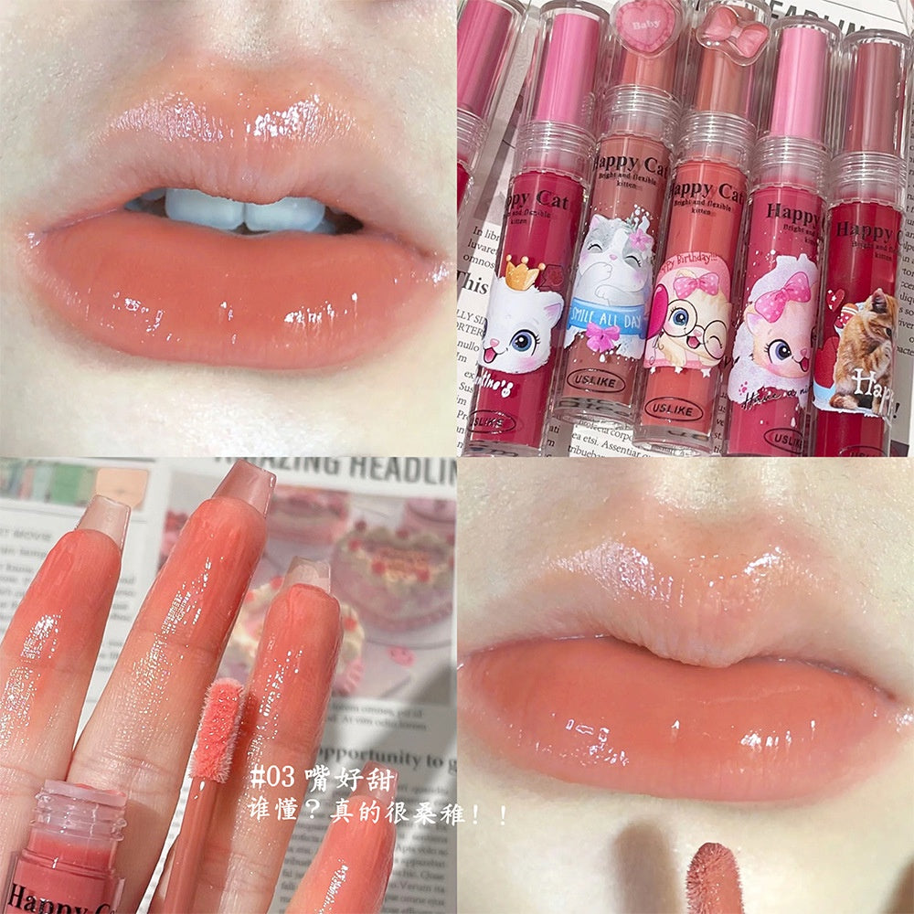 Uslike Cute Cat Lip Gloss Mirror Nourish Moisturize Colorful Lasting Lipstick