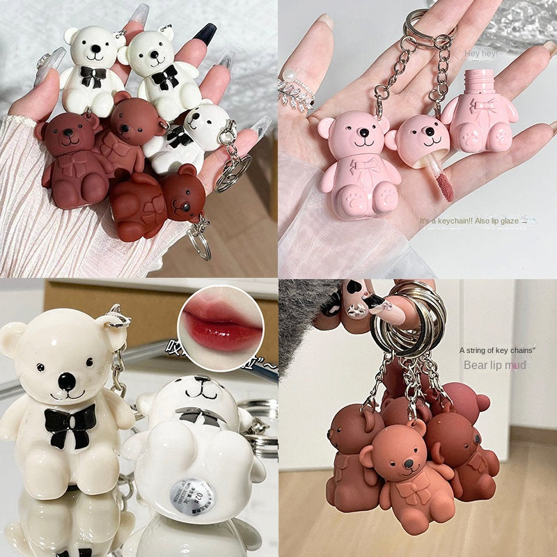 Cute Bear Keychain Lip Gloss Matte Mirror Surface Moisturize Waterproof Not Easy To Fade Not Easy To Stick A Cup Lasting Lipstick