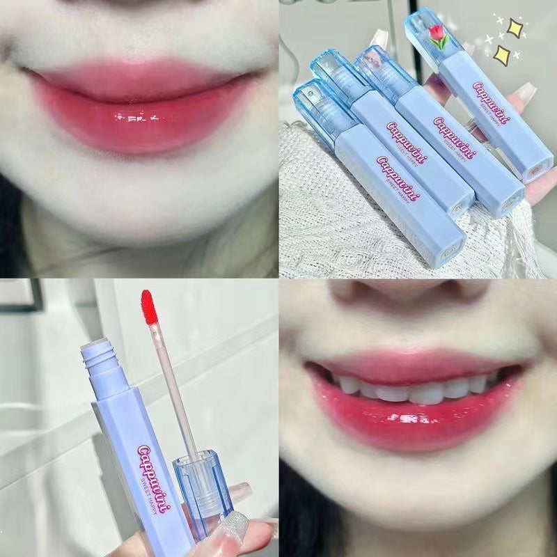 Cappuvini Lip Gloss Blue Square Tube Mirror Surface Moisturize Moisturizing Water Proof Lasting Not Easy To Fade Lipstick