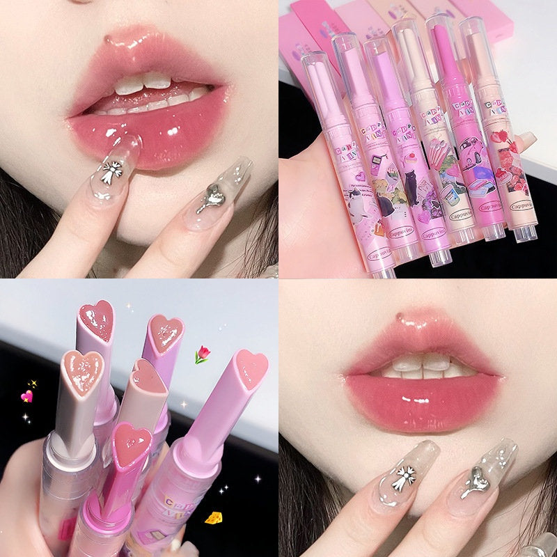 CAPPUVINI Heart Lipstick Milk Tea Color Watermelon Color Mirror Surface Lightening Lip Lines Moisturizing Moisturize Water Proof Lip Gloss