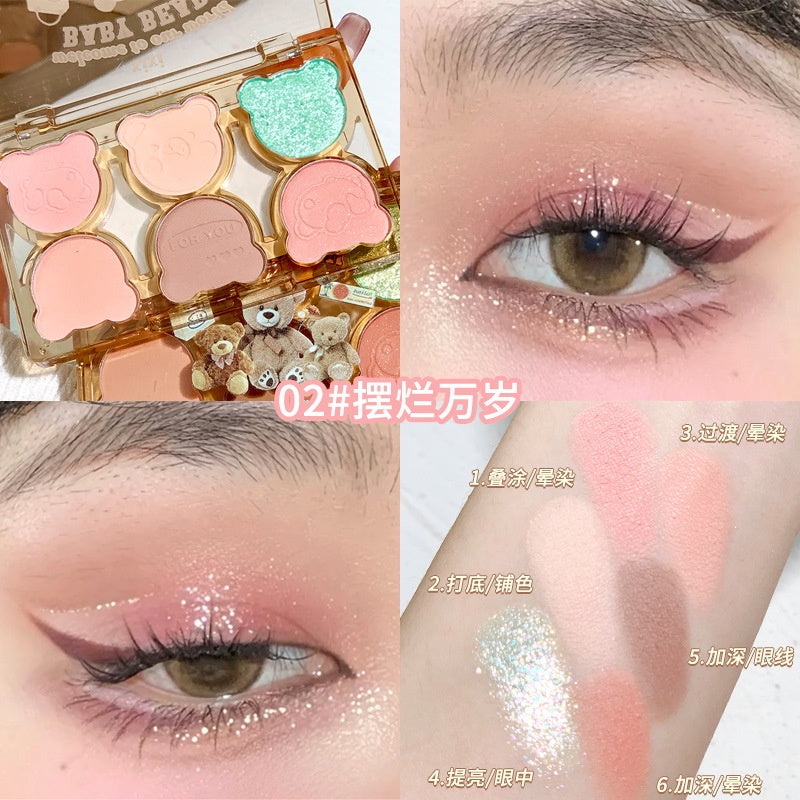 Xixi Cute Little Bear Eye Shadow Matte Pearlescent Water Proof Lasting Blue Purple Dazzling Eye Makeup Six -color Eye Shadow Plate