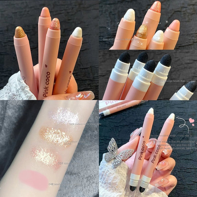 Pink Coco Eye Shadow Pearlescent Double Head High Gloss Lying Silkworm Pen Waterproof Lasting Brighten Eye Makeup Contouring Makeup Eye Shadow Stick