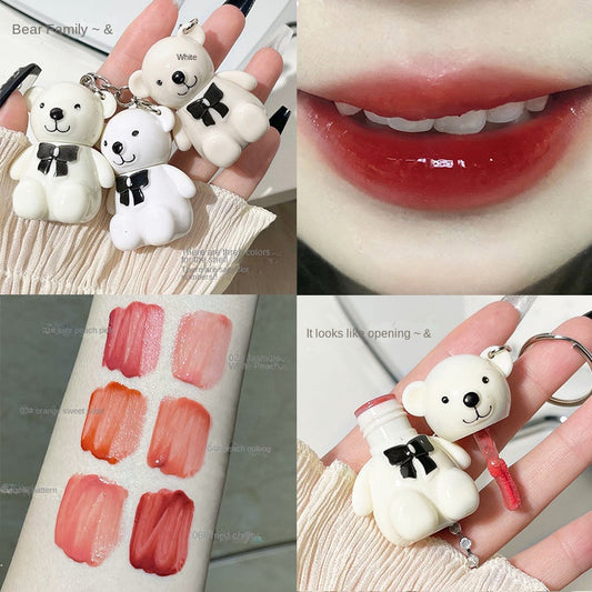 Cute Little Bear Lip Gloss Mirror Surface Moisturize Key Chain Portable Lipstick