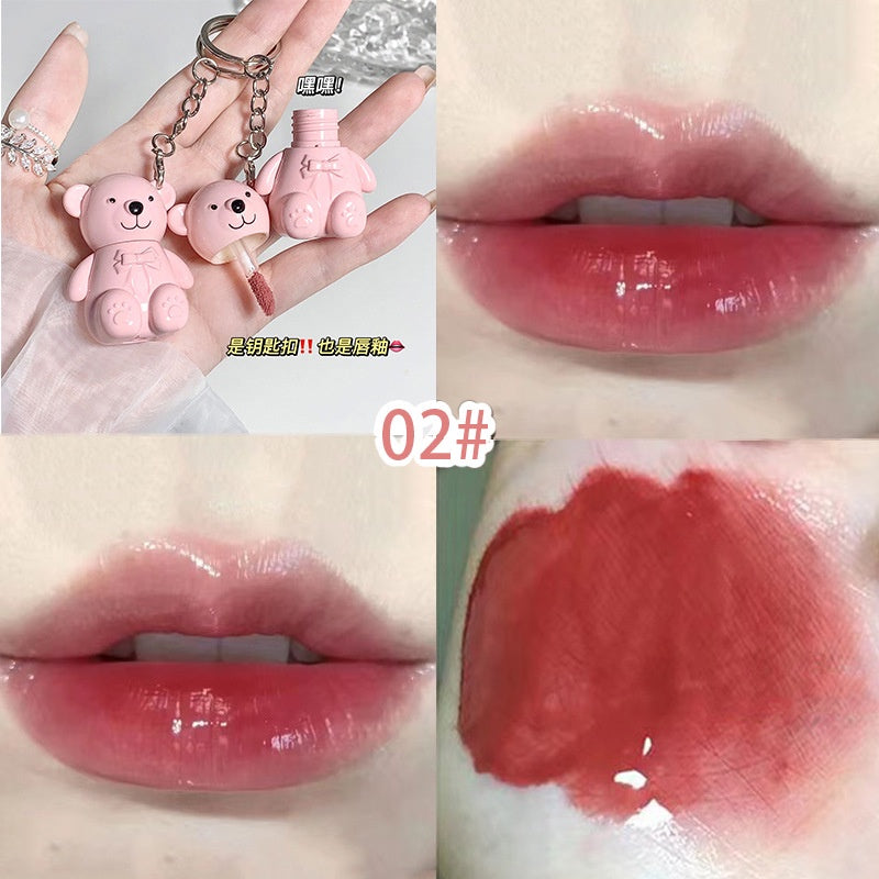 Cute Bear Keychain Lip Gloss Matte Mirror Surface Moisturize Waterproof Not Easy To Fade Not Easy To Stick A Cup Lasting Lipstick