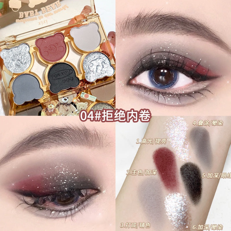 Xixi Cute Little Bear Eye Shadow Matte Pearlescent Water Proof Lasting Blue Purple Dazzling Eye Makeup Six -color Eye Shadow Plate