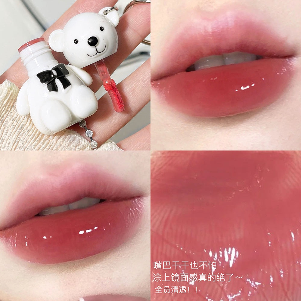 Cute Little Bear Lip Gloss Mirror Surface Moisturize Key Chain Portable Lipstick