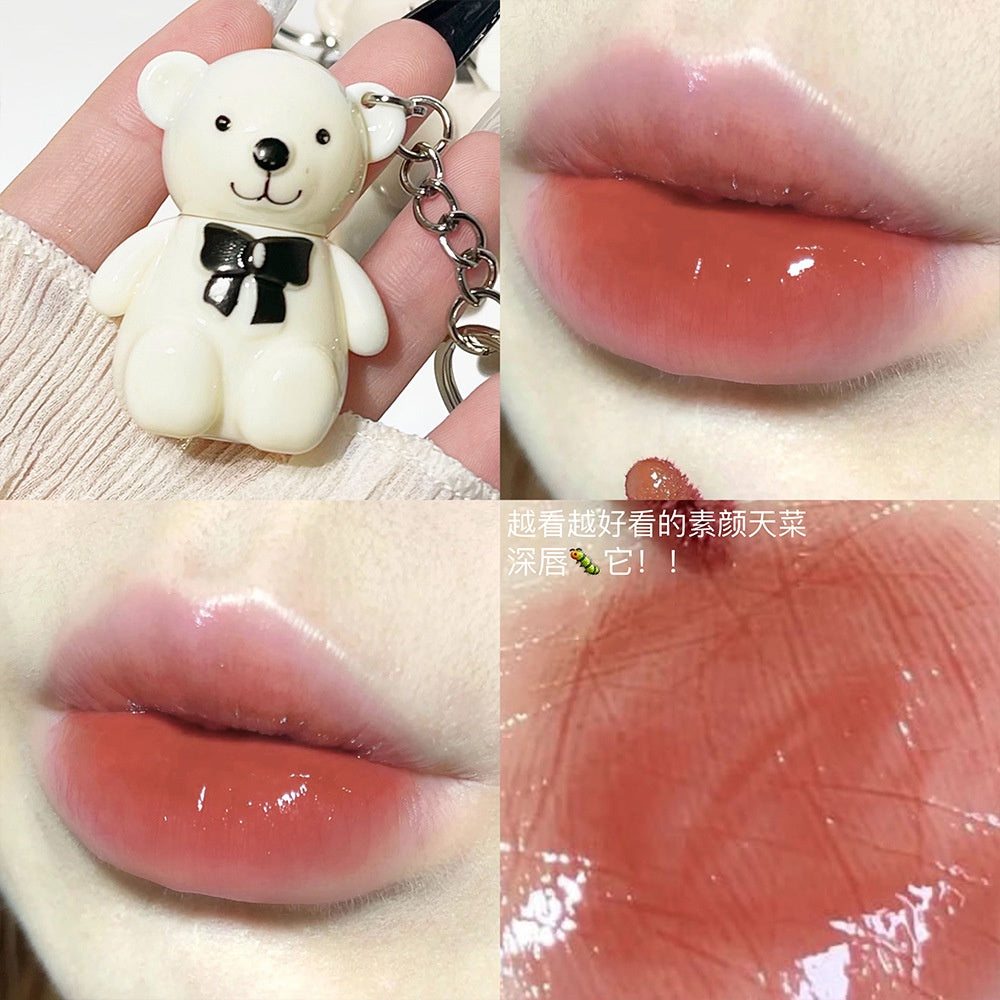 Cute Little Bear Lip Gloss Mirror Surface Moisturize Key Chain Portable Lipstick