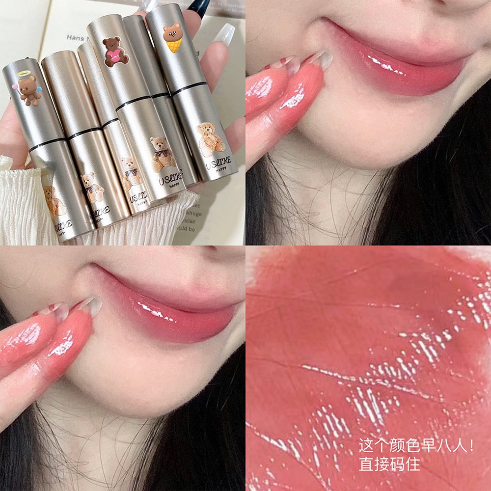 Uslike Cute Little Bear Lip Gloss Moisturize Moisturizing Mirror Surface Water Proof Lipstick