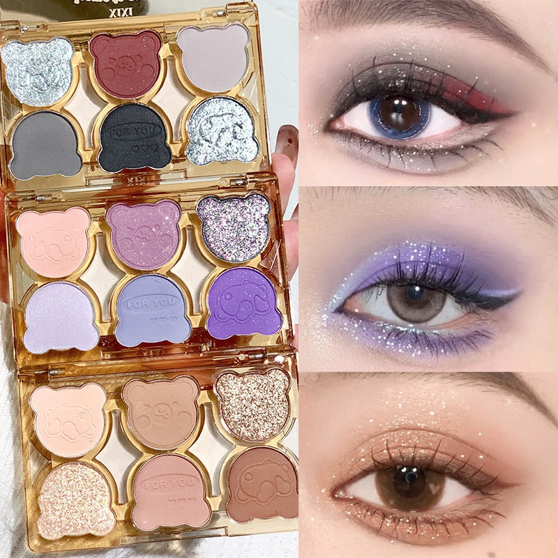 Xixi Cute Little Bear Eye Shadow Matte Pearlescent Water Proof Lasting Blue Purple Dazzling Eye Makeup Six -color Eye Shadow Plate