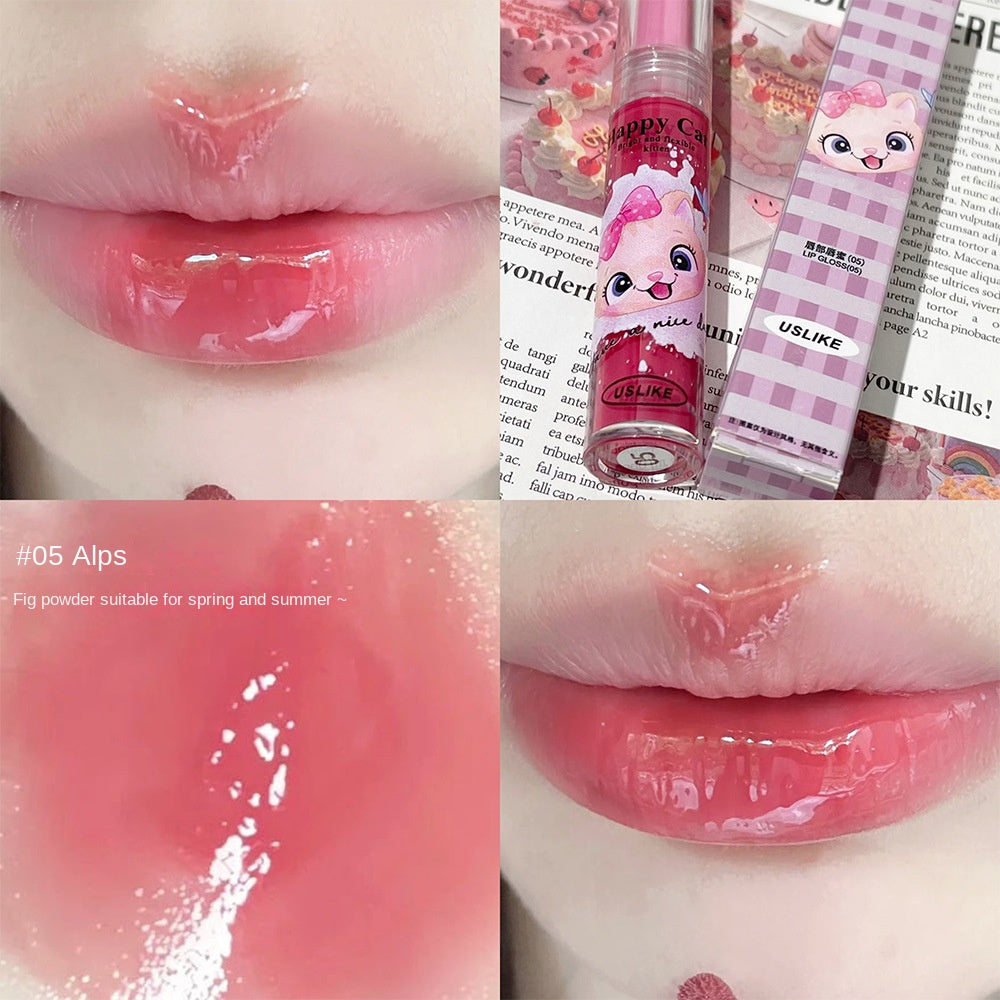 Uslike Cute Cat Lip Gloss Mirror Nourish Moisturize Colorful Lasting Lipstick