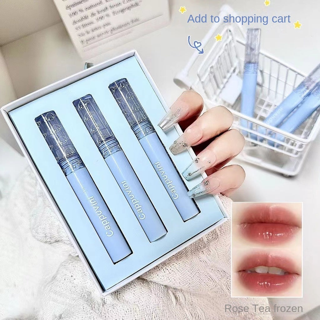 Cappuvini Lip Gloss Blue Bubble Mirror Moisturize Lasting Lipstick Set