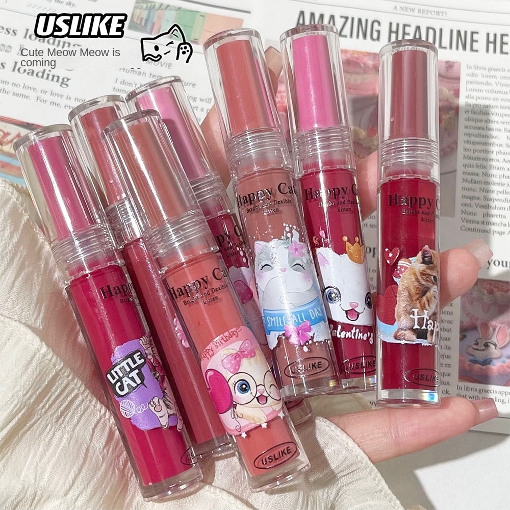 Uslike Cute Cat Lip Gloss Mirror Nourish Moisturize Colorful Lasting Lipstick