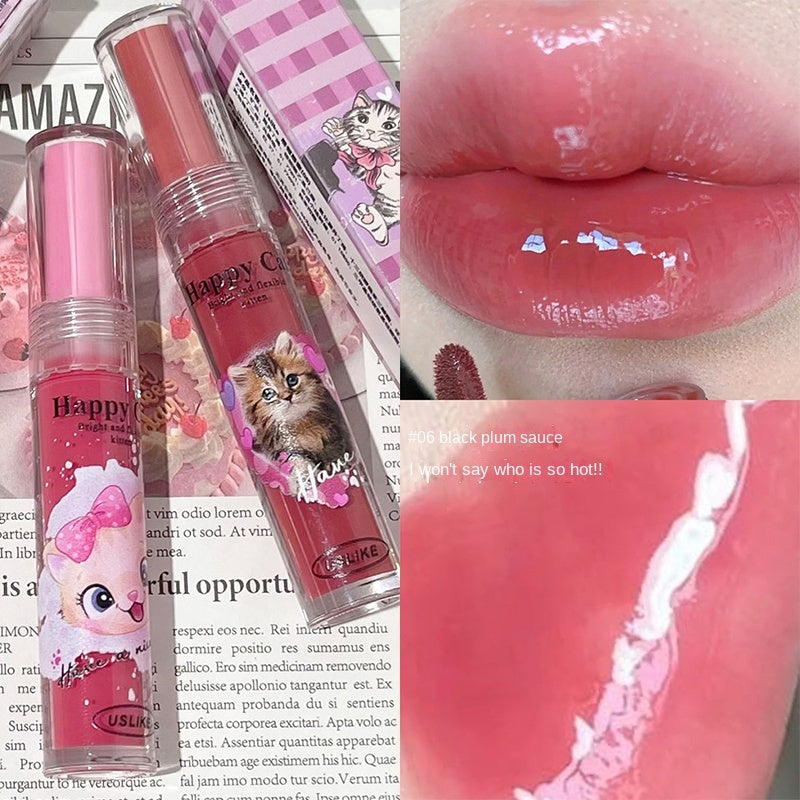 Uslike Cute Cat Lip Gloss Mirror Nourish Moisturize Colorful Lasting Lipstick