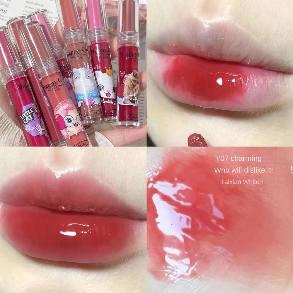 Uslike Cute Cat Lip Gloss Mirror Nourish Moisturize Colorful Lasting Lipstick