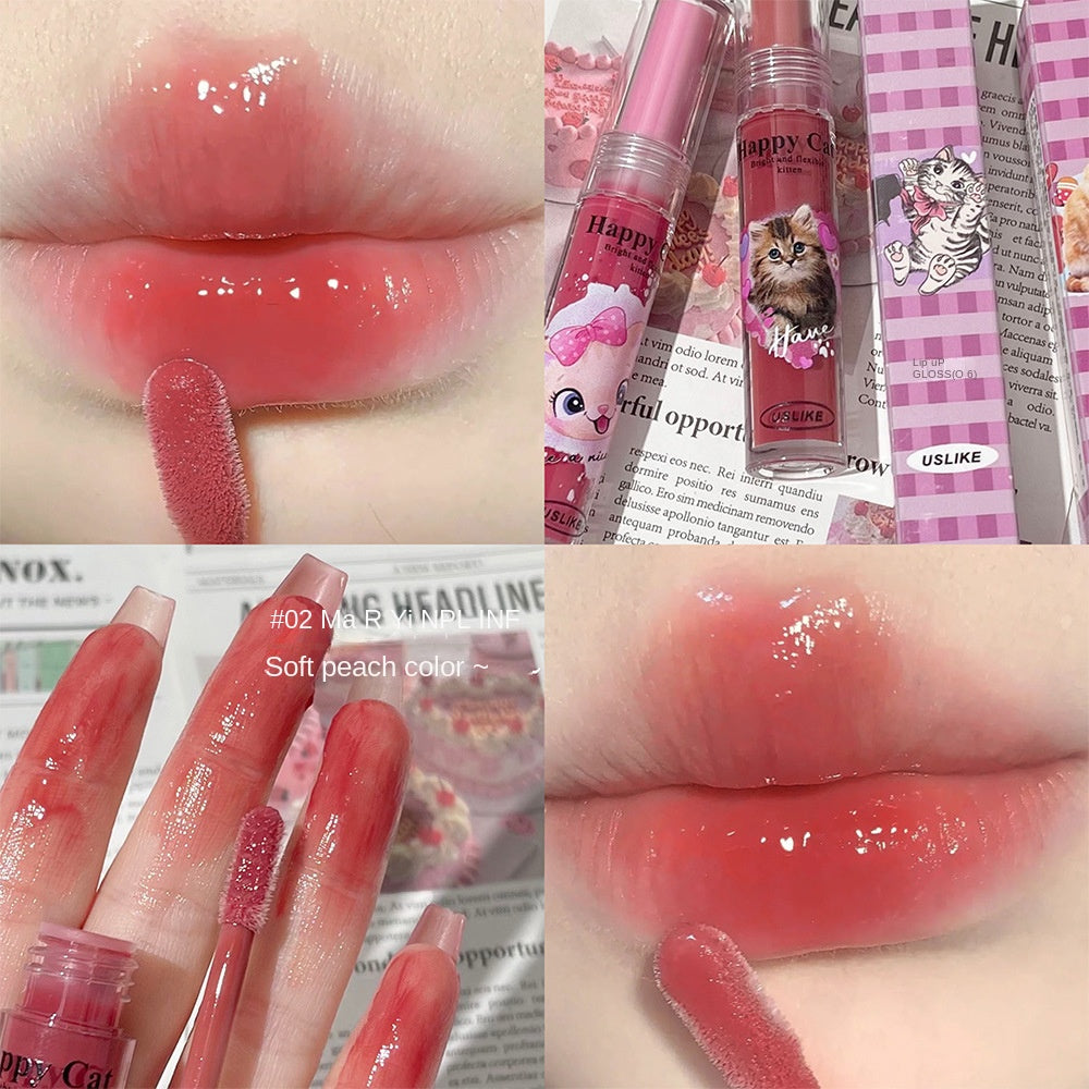 Uslike Cute Cat Lip Gloss Mirror Nourish Moisturize Colorful Lasting Lipstick