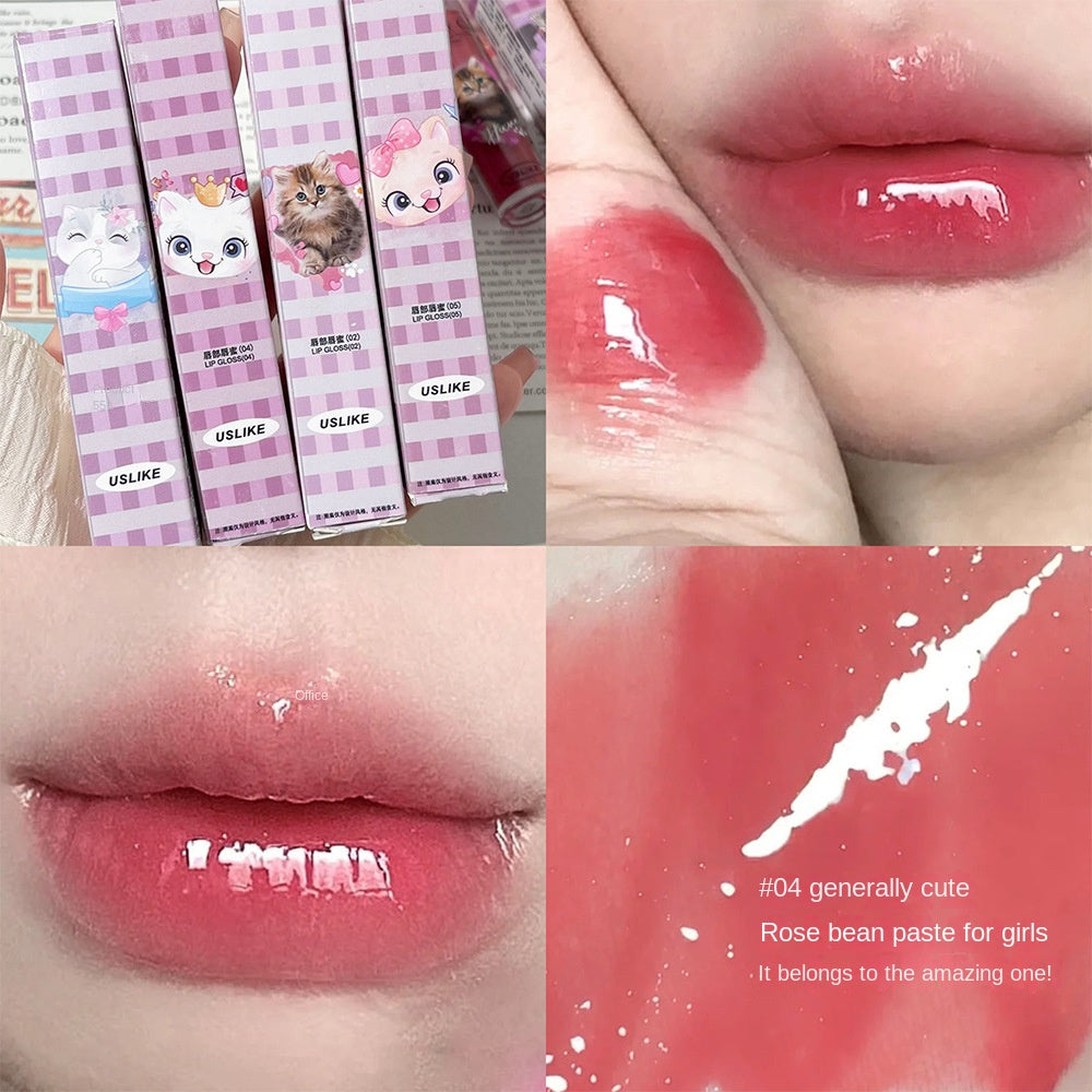 Uslike Cute Cat Lip Gloss Mirror Nourish Moisturize Colorful Lasting Lipstick