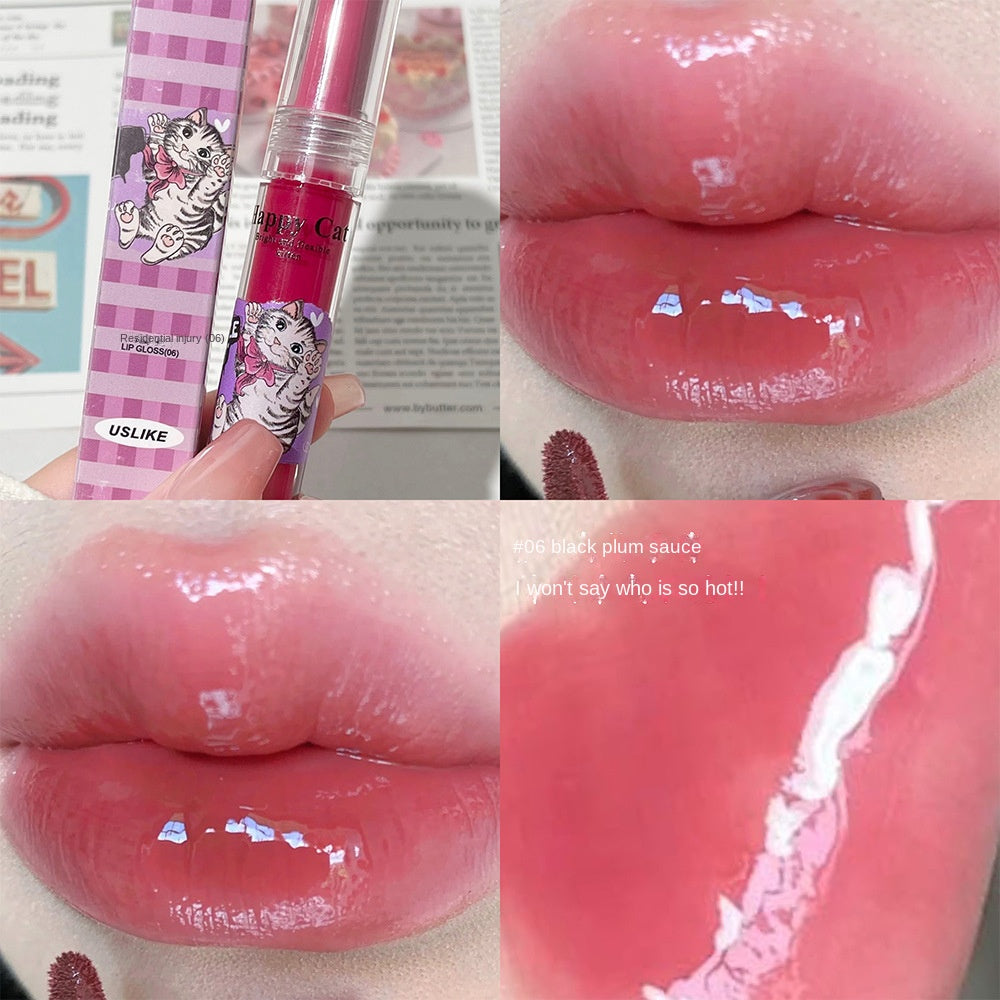 Uslike Cute Cat Lip Gloss Mirror Nourish Moisturize Colorful Lasting Lipstick