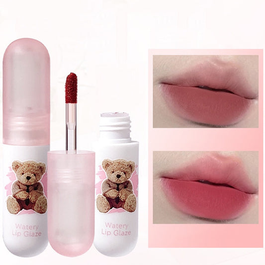 Kobeleen Cute Bear Lip Gloss Nature Matte Soft Fog Lip Mud Velvet Lipstick