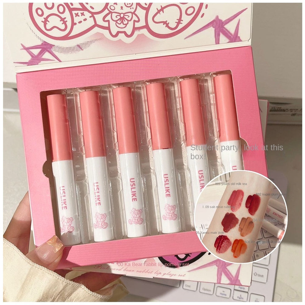 Uslike Lip Gloss Cute Rabbit Mirror Moisturize Moisturizing Lasting Nature Lipstick Gift Box 6-colors